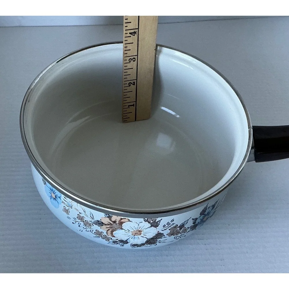 Vintage Enamelware Saucepan Floral‎ Pot with Lid Blue Brown White 1.5qt